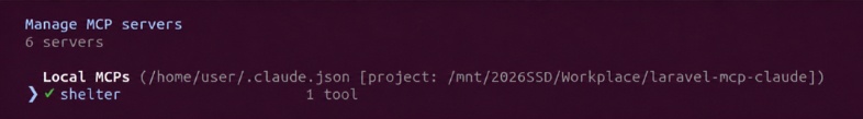 The /mcp list in Claude Code showing the shelter server